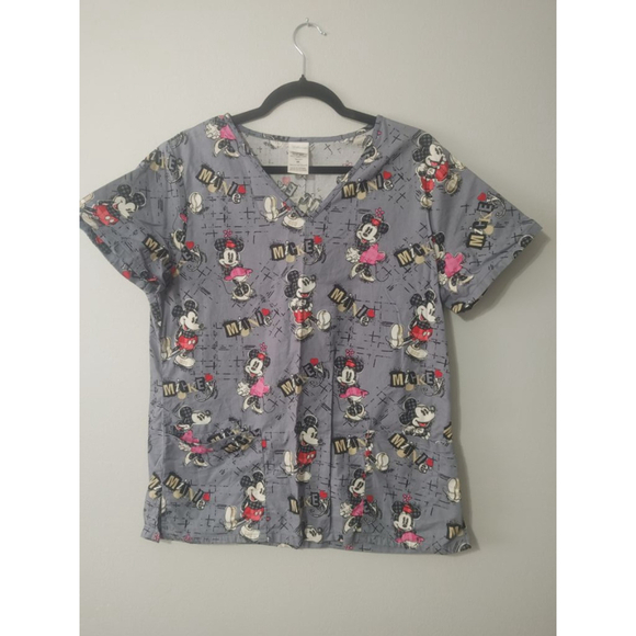 Women's Disney Mickey & Minnie Mouse Love Scrub Top Size M Gray - Picture 1 of 7